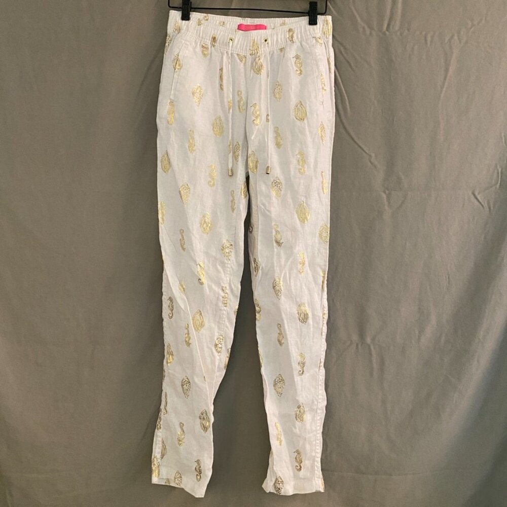 LILLY PULITZER Travel Pants, Women's XS, 100% Linen White Drawstring Beach Day